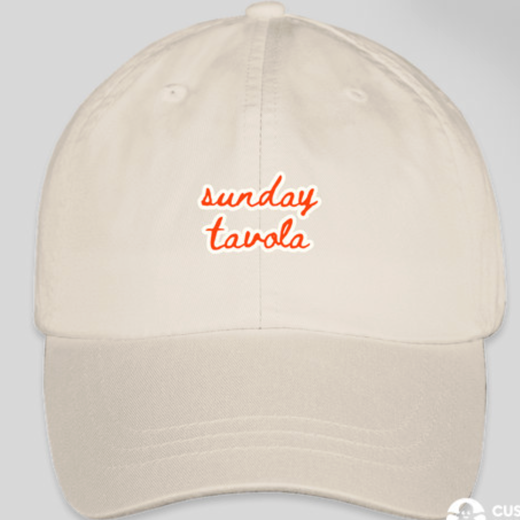 sunday tavola logo stitched onto front of beige baseball hat