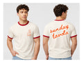 Sunday Tavola branded vintage white tee with Rio red piping. Chair logo on the front left and Sunday Tavola word logo across the back