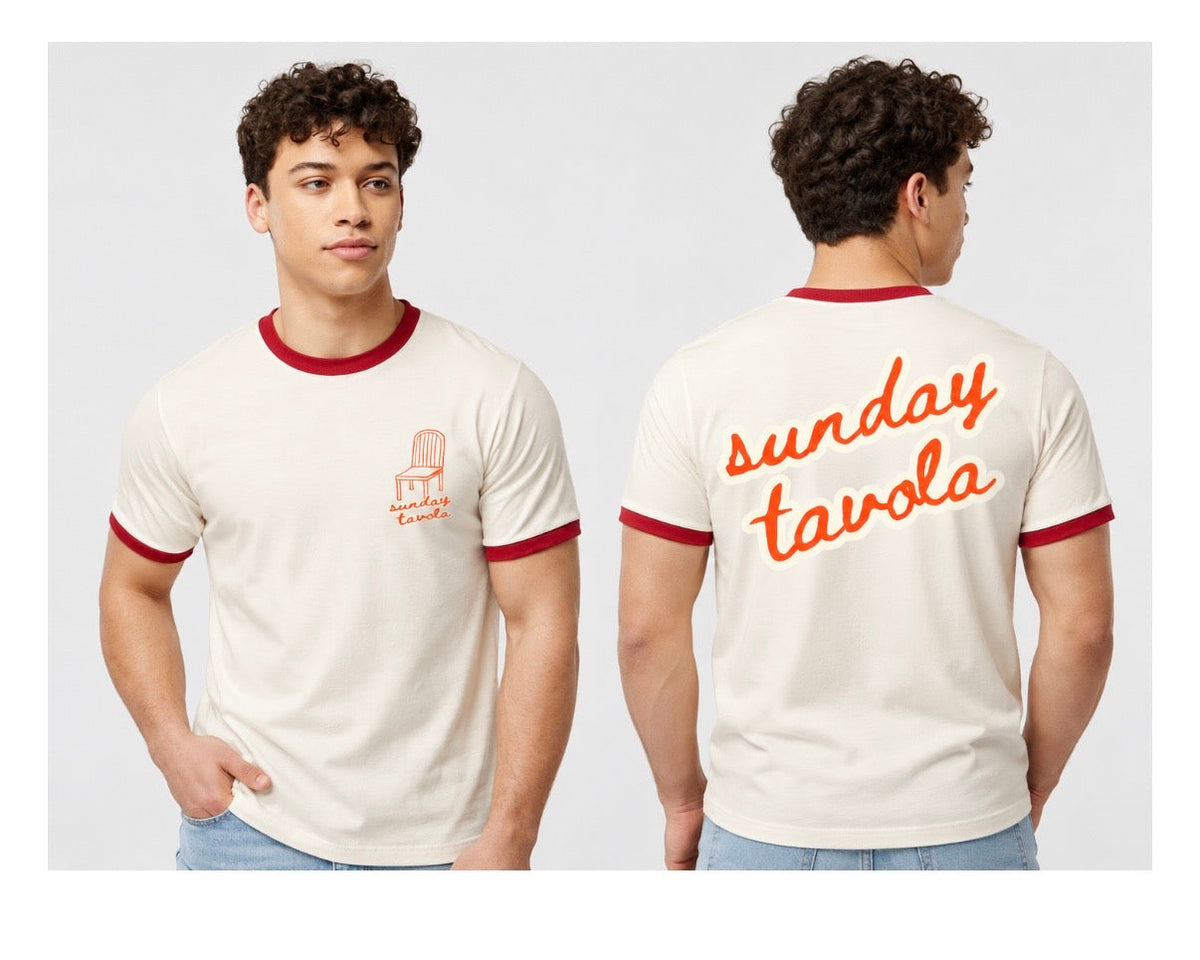 Sunday Tavola branded vintage white tee with Rio red piping. Chair logo on the front left and Sunday Tavola word logo across the back